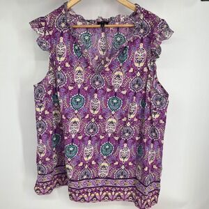 Talbots Plus Purple Paisley Ruffle Neck Sleeveless Blouse‎ Top Women's Size 2X
